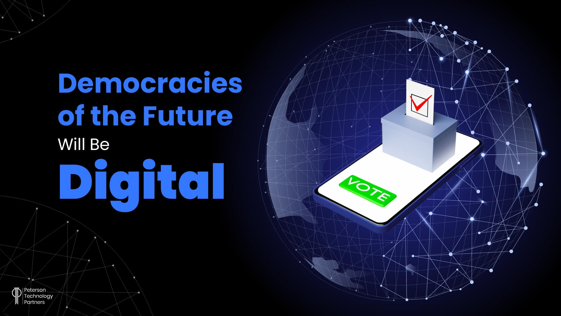 Illustration of interconnected devices and data streams, symbolizing the digital future of democracies