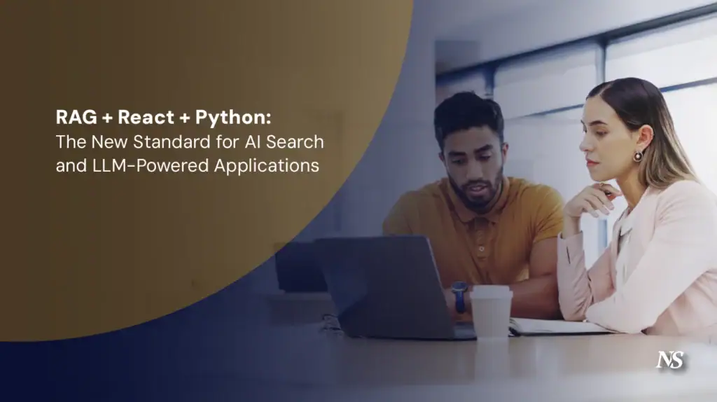 Illustration of AI-powered search system combining RAG, React frontend, and Python backend for intelligent LLM-driven applications