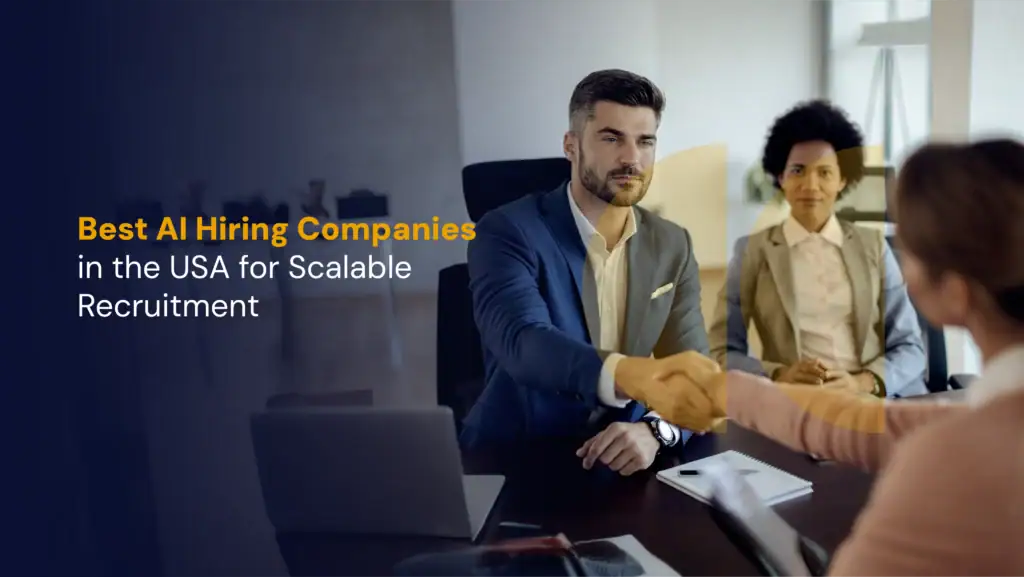 Professional recruitment concept showcasing top AI hiring companies in the USA using artificial intelligence for scalable hiring, talent sourcing, and automated recruitment.