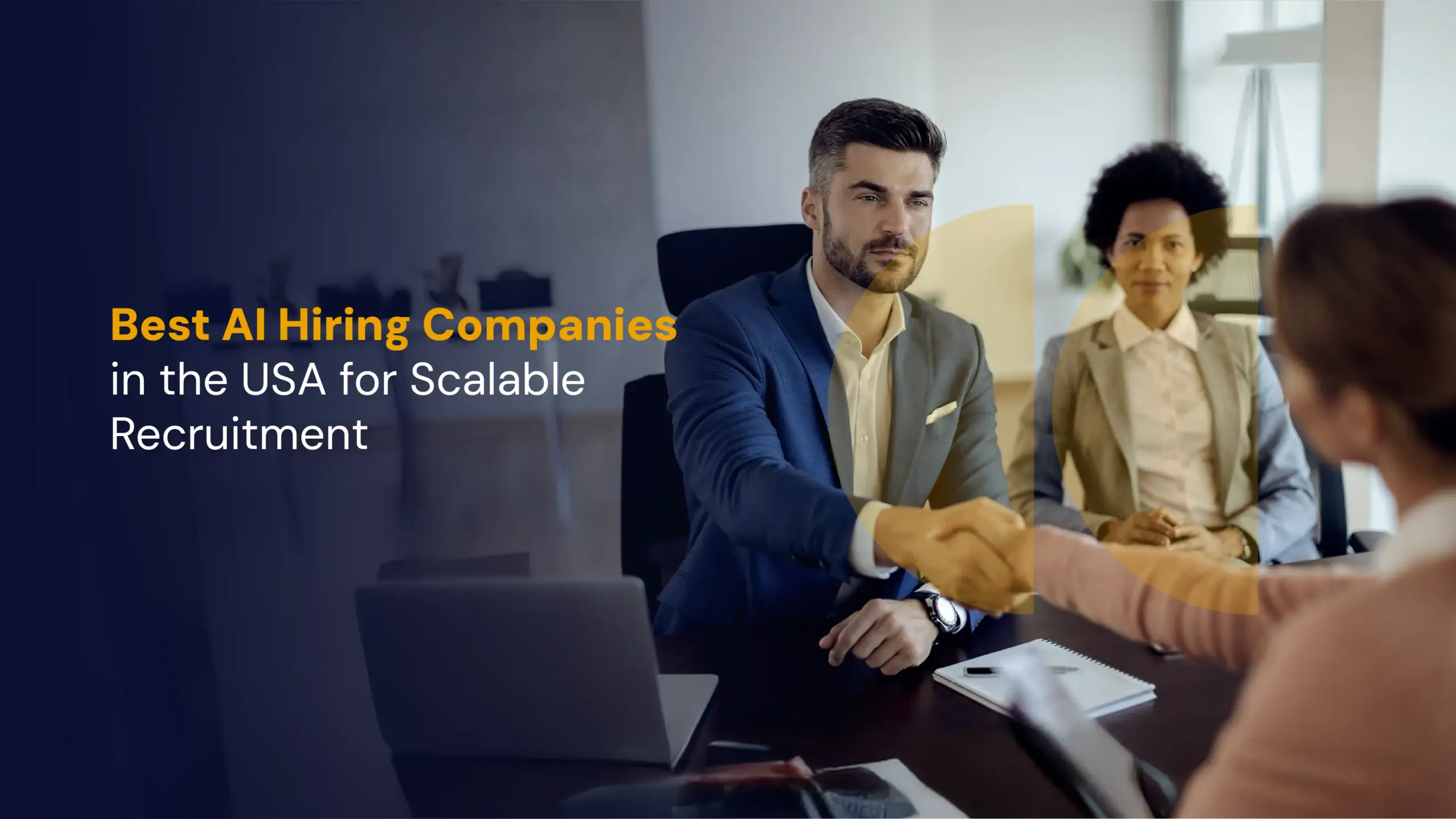 Professional recruitment concept showcasing top AI hiring companies in the USA using artificial intelligence for scalable hiring, talent sourcing, and automated recruitment.